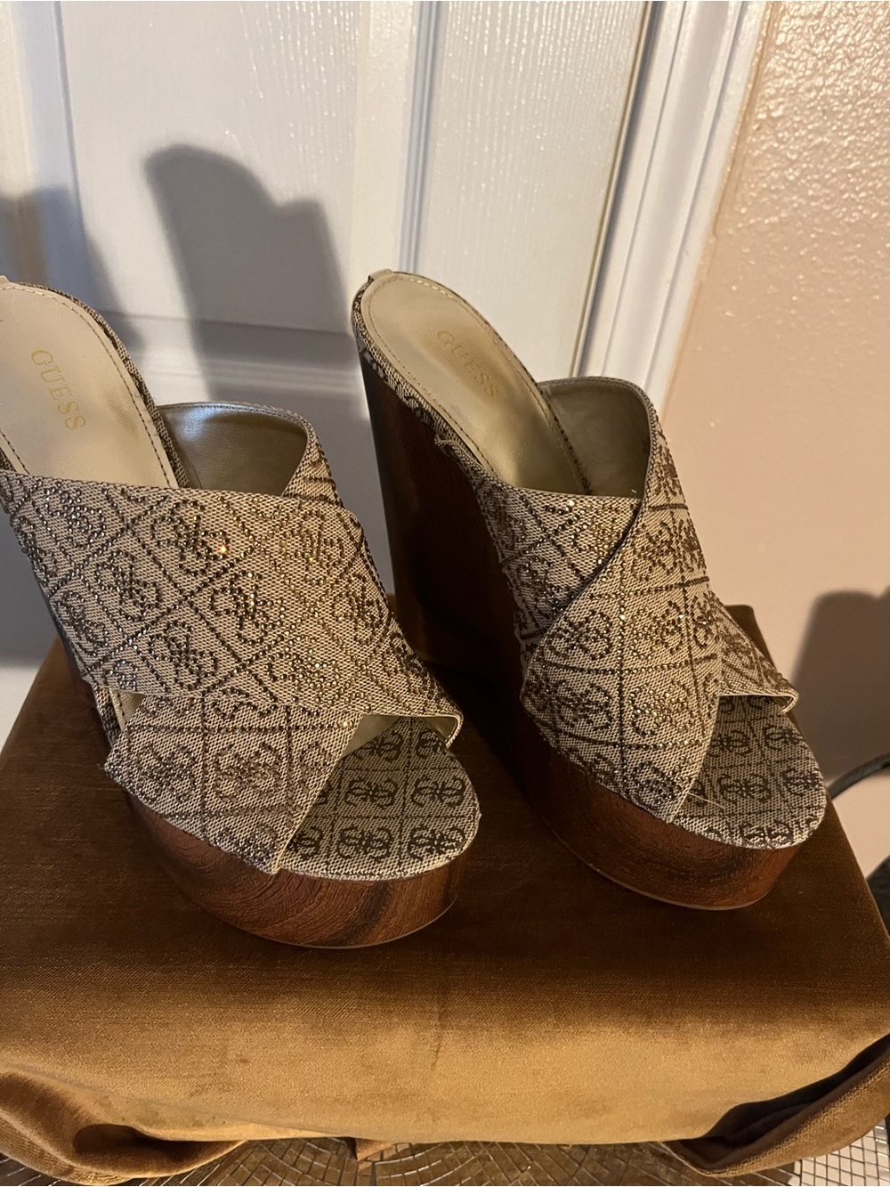 Guess Neutral Patterned Crisscross Wedge Sandals